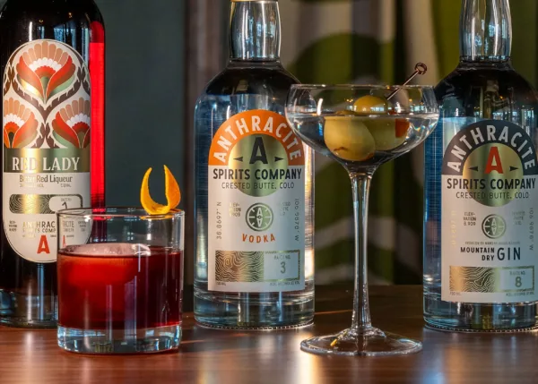 anthracite gin and vodka with martini and mixed cocktails on bar top