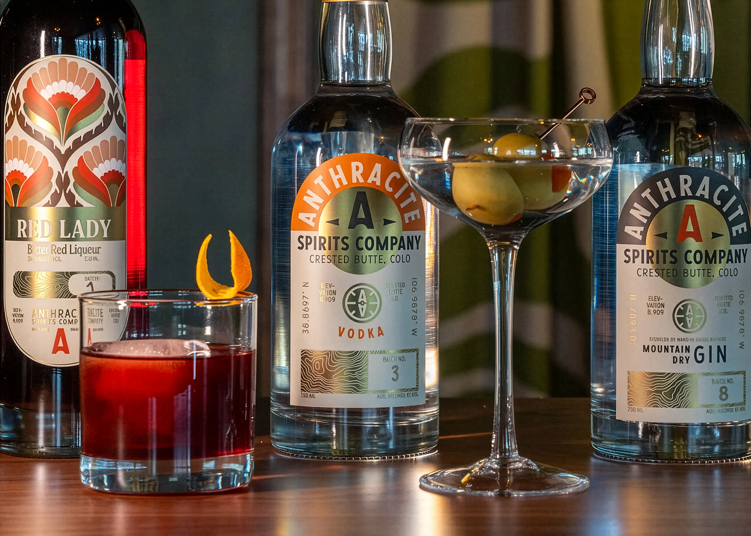 anthracite gin and vodka with martini and mixed cocktails on bar top