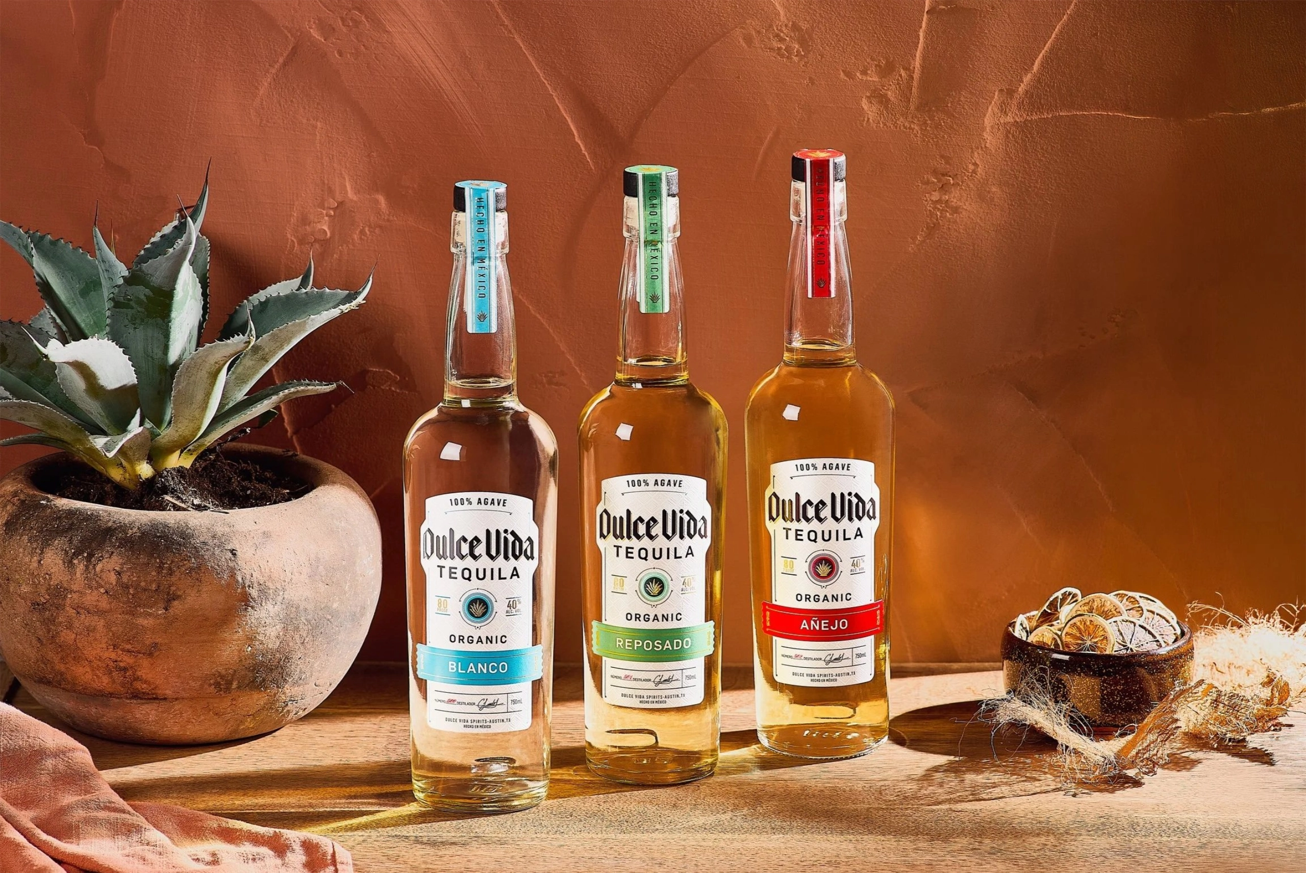 dulce vida tequila bottles on table top