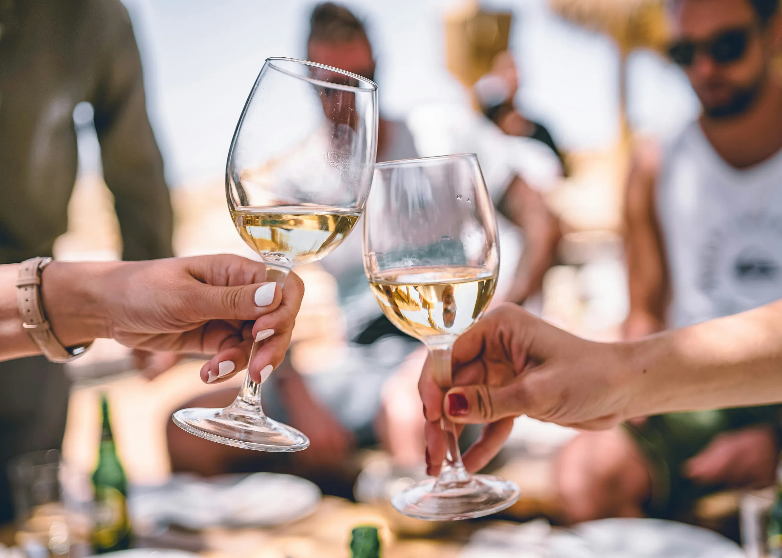 people on vaction summer wines white wine in glasses