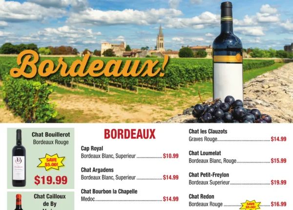 bordeaux wine bottle in front of vinyard