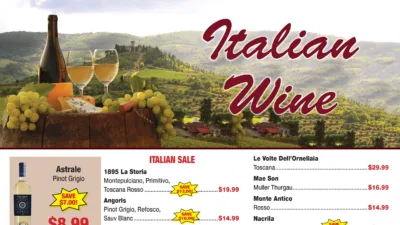 weekly ad 7-16-2026 featured Italian wine with olive and vineyard hill background