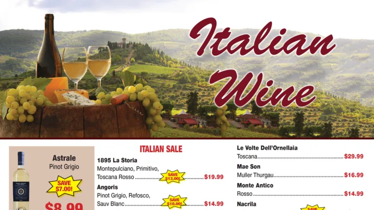 weekly ad 7-16-2026 featured Italian wine with olive and vineyard hill background